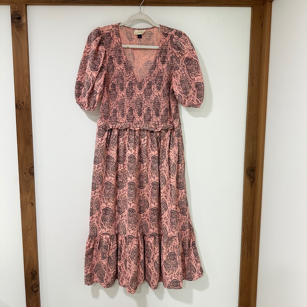 Universal Thread Paisley Smocked Midi Dress Womens Medium Pink Puff Sleeve Boho